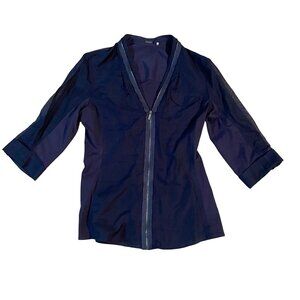 Elie Tahari Zip V-Neck Top Womens Size XS Navy Blue